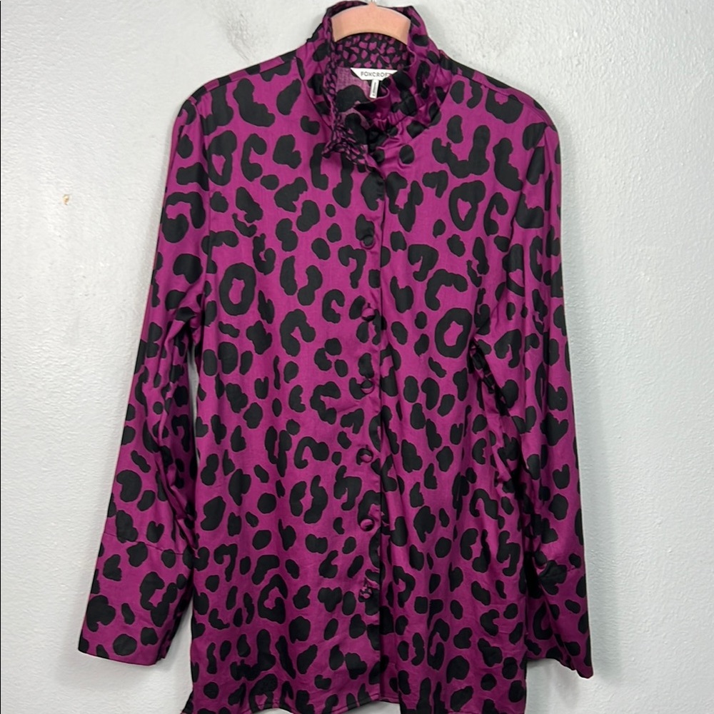 Foxcroft Purple & Black Animal Print Long Sleeve Tunic Blouse Medium
